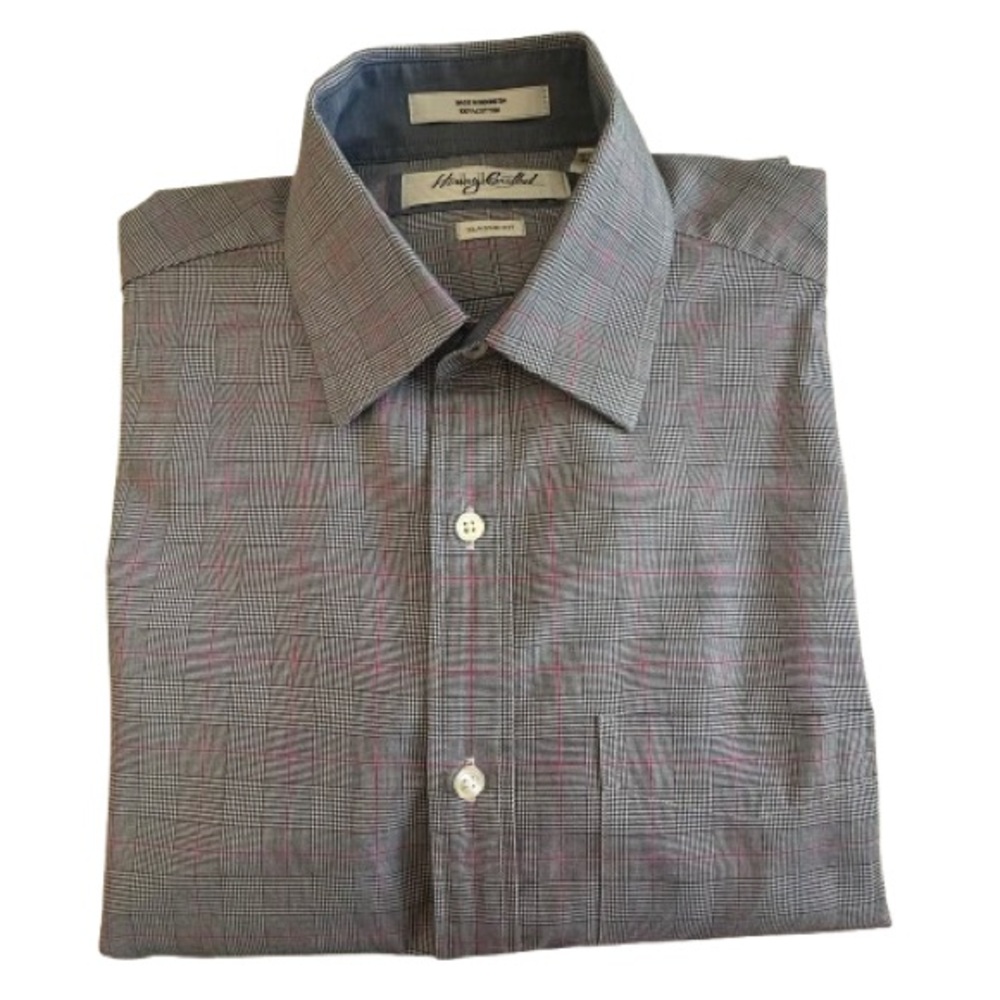 Henry Grethel Man's Classic Blue/White/Red Plaid Cotton Button Down Dress Shirt